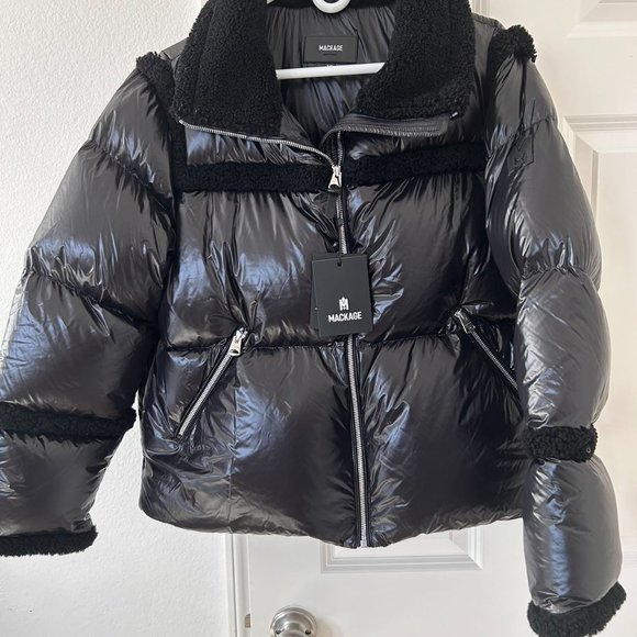 NWT Mackage MIYA-R Puff Down Jacket with Shearling Trim Black - Picture 6 of 10